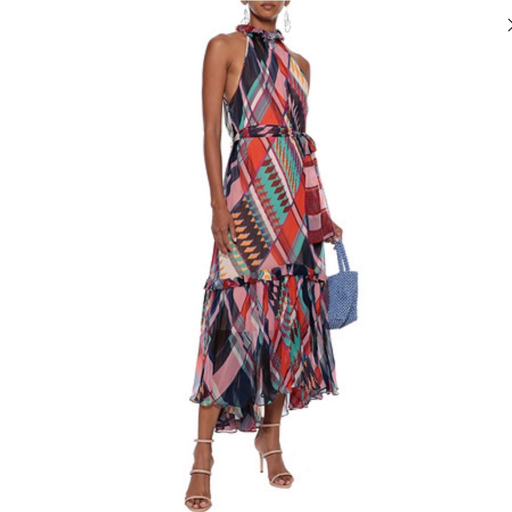 DVF Selena gathered check silk-chiffon maxi dress NWOT